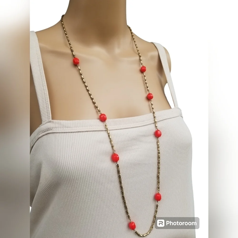 J.CREW LONG MATTE GOLDTONE CYLINDER BEAD & RED BEAD CHAIN NECKLACE